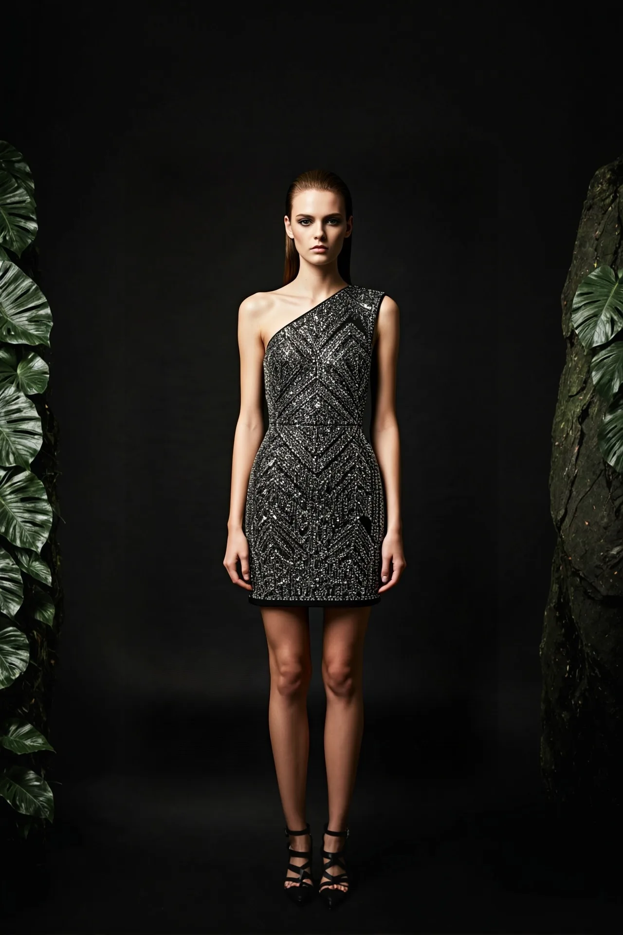 The same sequined mini dress shown worn by a model in a dark editorial setting