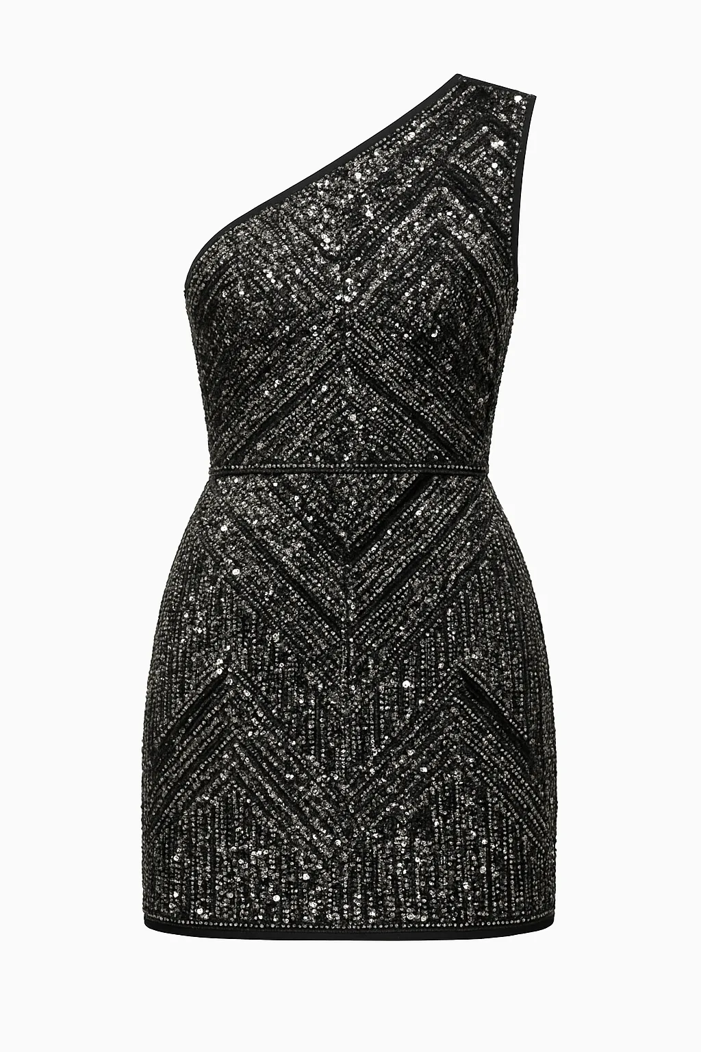 Product photo of a one shoulder sequined mini dress on a plain background