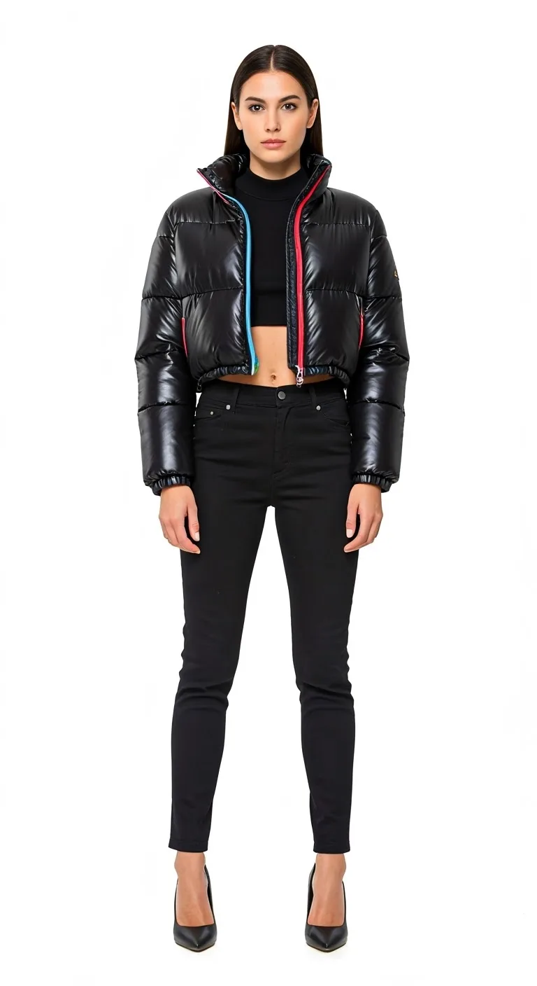 Model wearing a cropped black puffer jacket with colored zips over black jeans