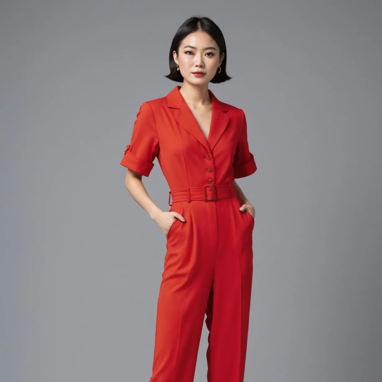 Model in a belted red short sleeve jumpsuit posing against a plain grey backdrop