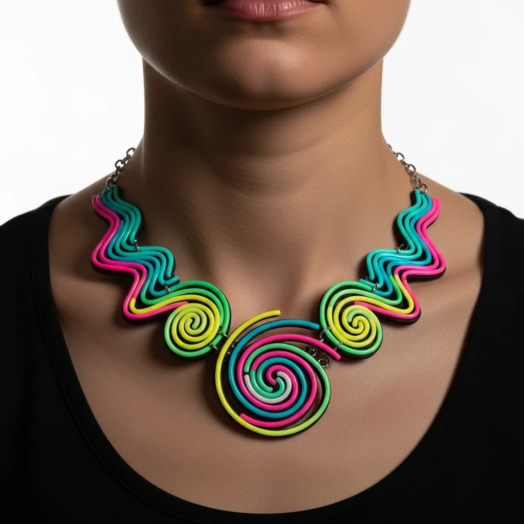 Close up of a model wearing a colorful sculptural statement necklace generated with AI