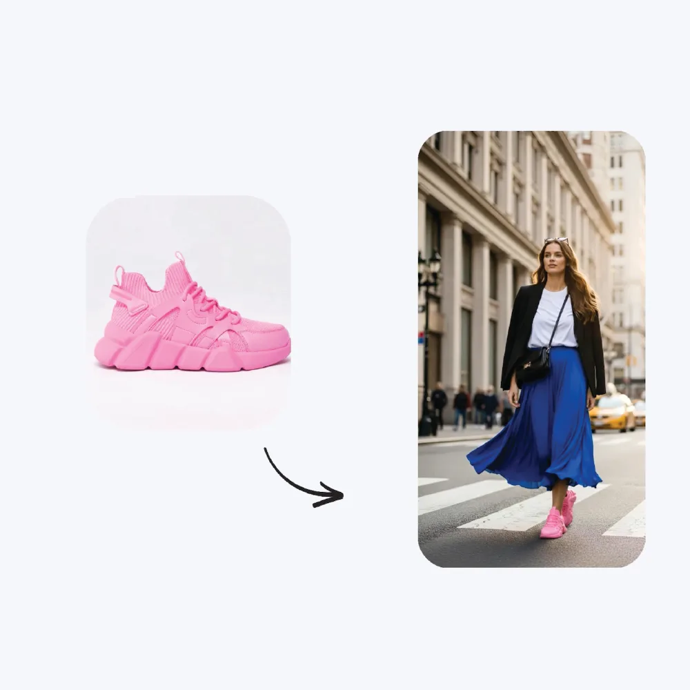 Pink chunky sneaker product photo beside a street shot of a model wearing the shoes