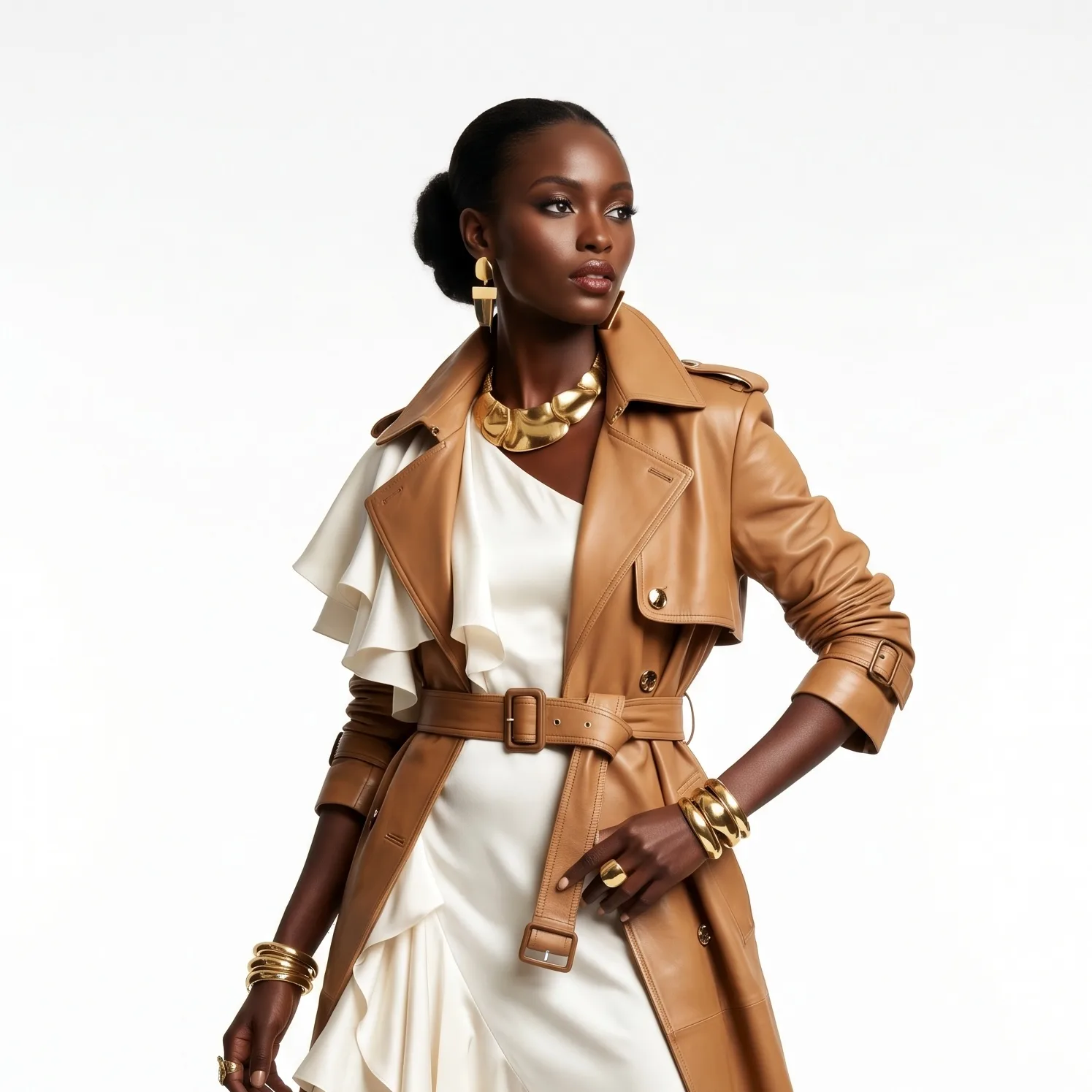 Model in a tan leather trench coat over a white ruffled dress with bold gold jewelry