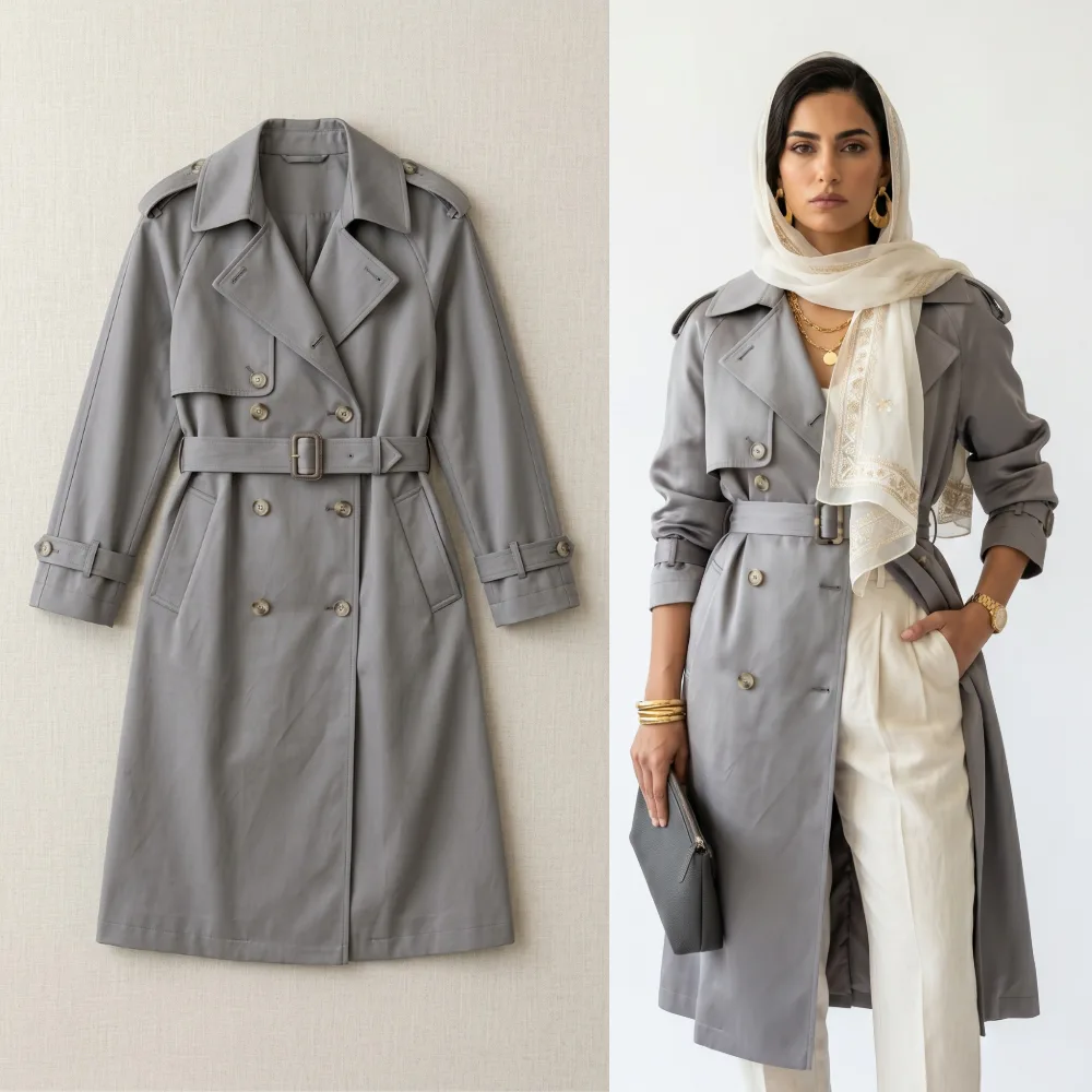 Grey trench coat shown flat and worn by a model with a white headscarf and cream trousers