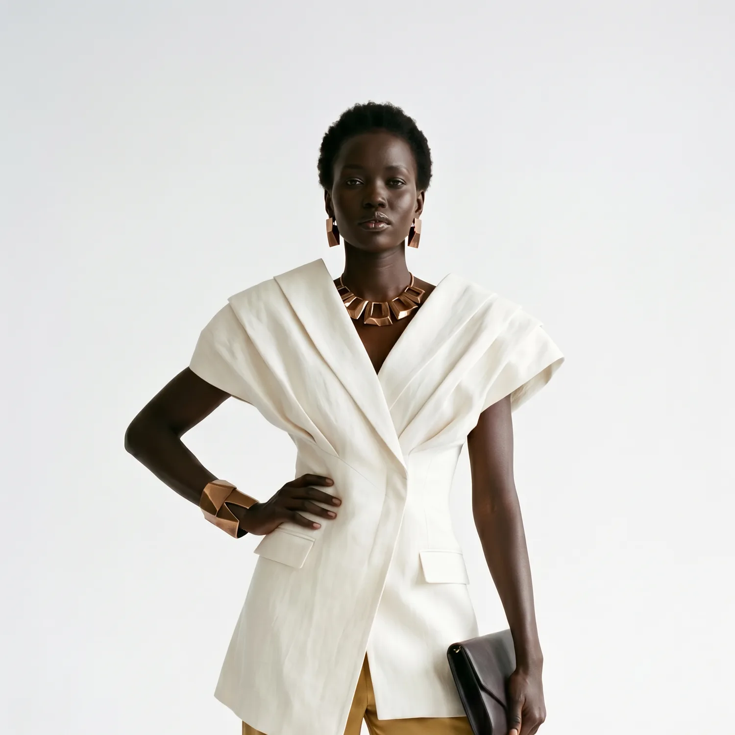 Model in a draped white sleeveless blazer with sculptural copper jewelry holding a dark clutch