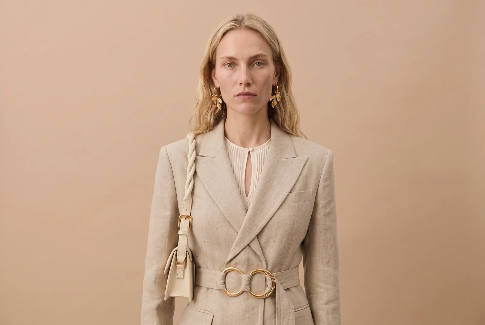 Blonde model in a beige linen belted blazer with gold ring belt and cream shoulder bag