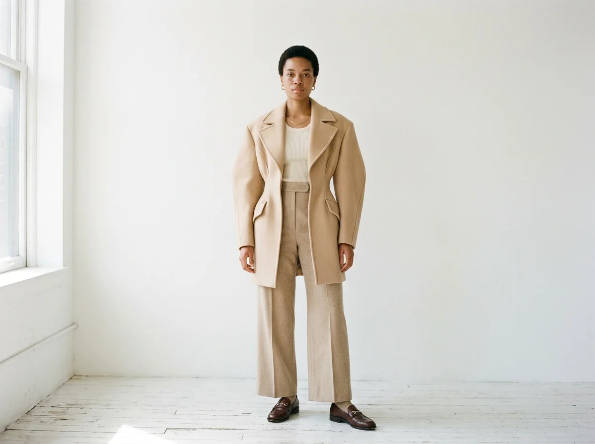 A complete outfit styled by an AI stylist: camel wool coat over a cream knit, wide oat trousers, loafers