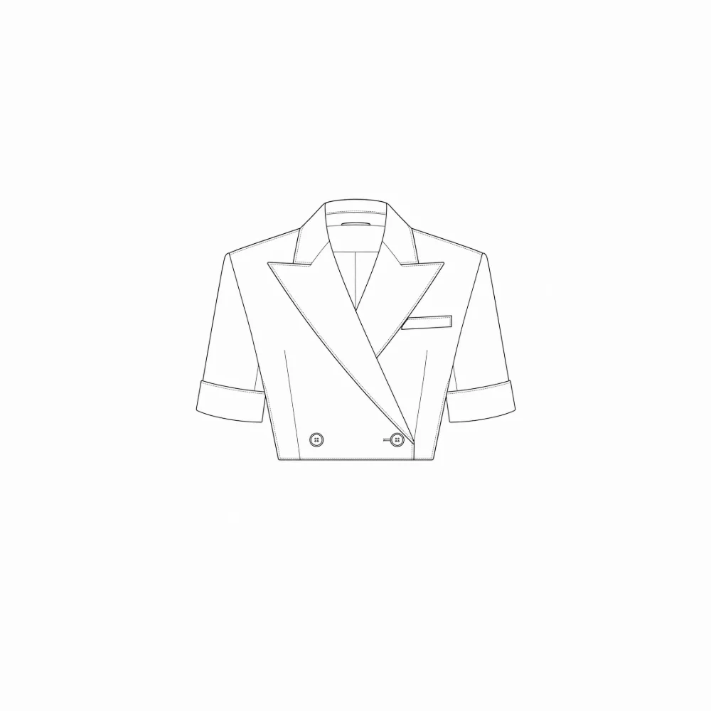 Technical flat sketch of a cropped double breasted jacket on a plain white background