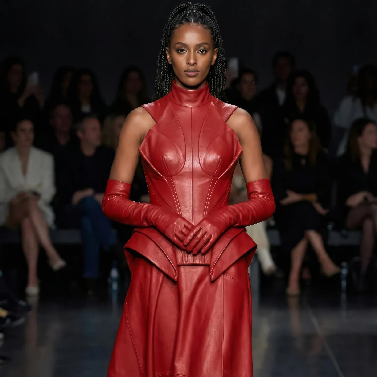 Runway model in a sculpted red leather dress with matching long gloves before an audience