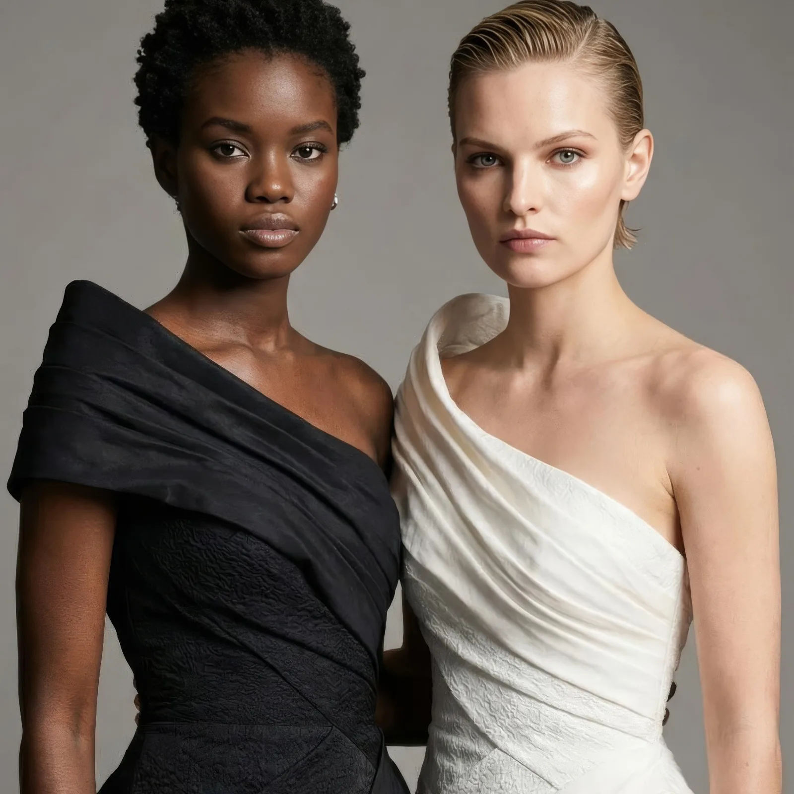 Two models side by side in matching one shoulder dresses, one black and one white