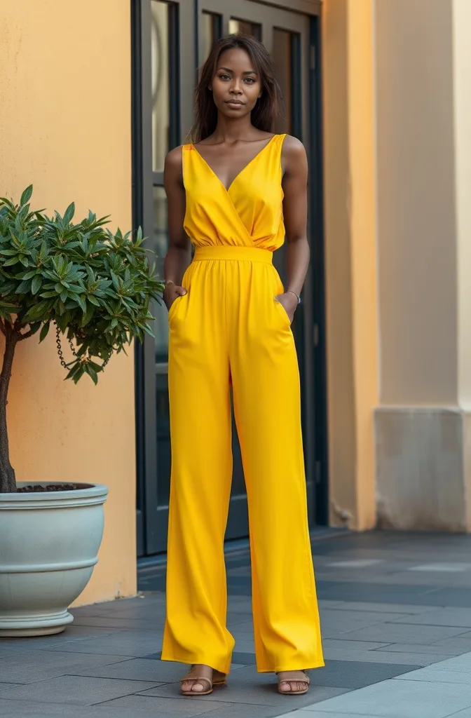 Model in a bright yellow sleeveless jumpsuit photographed outside a building entrance