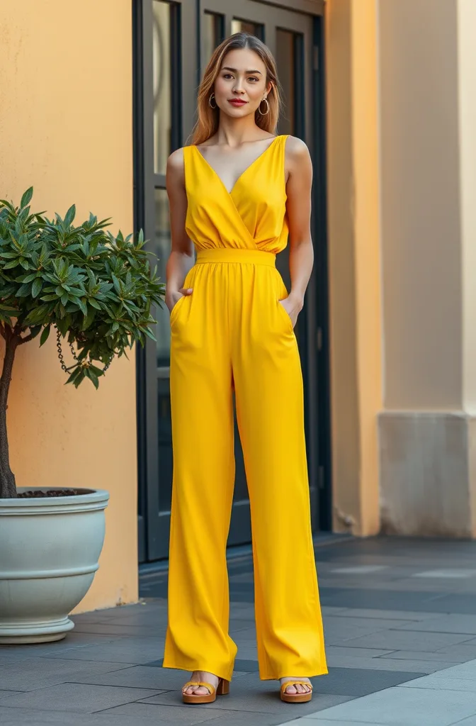 The same yellow jumpsuit and setting worn by a model with different features after an AI swap