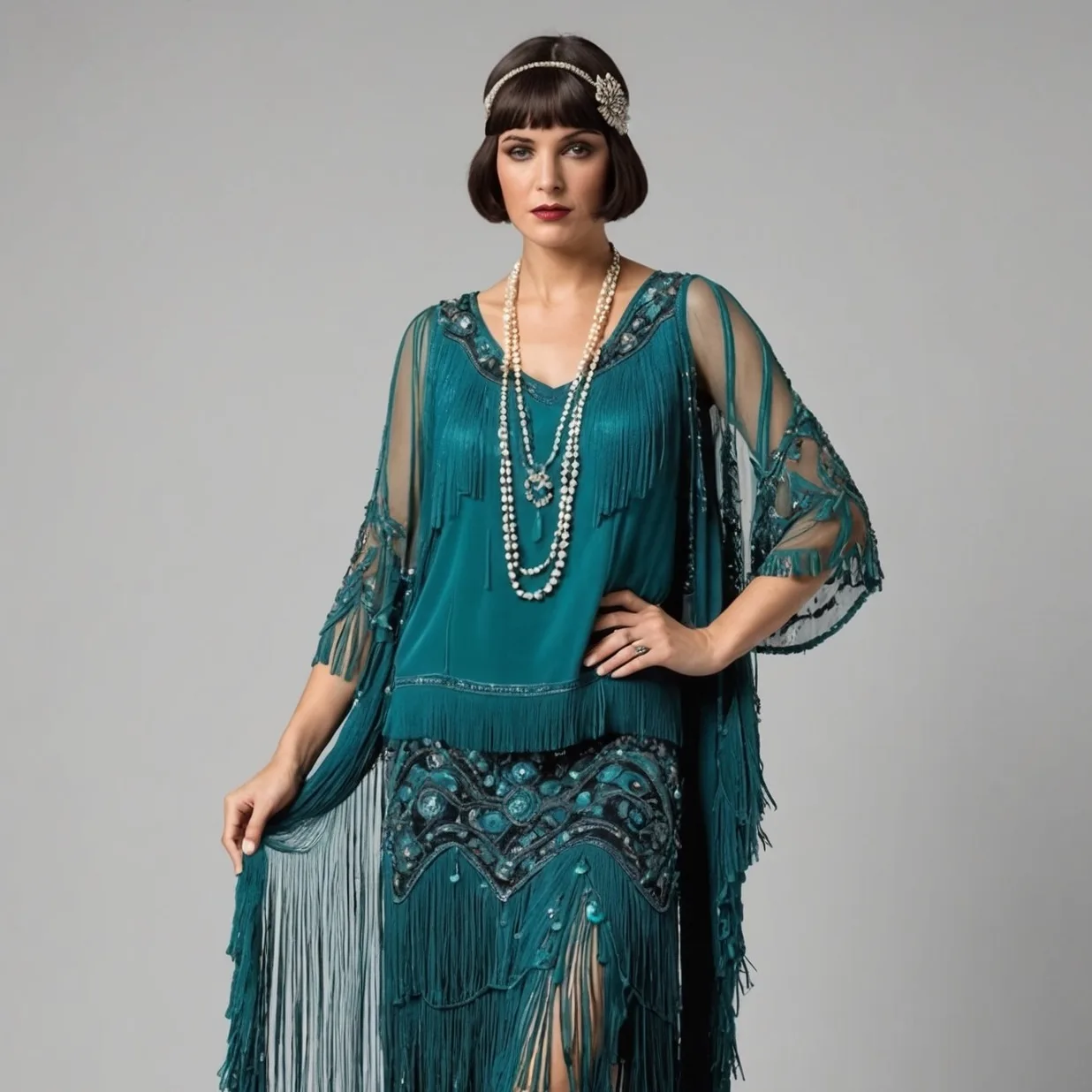 Model wearing a teal fringed and beaded 1920s style dress on a plain gray studio background