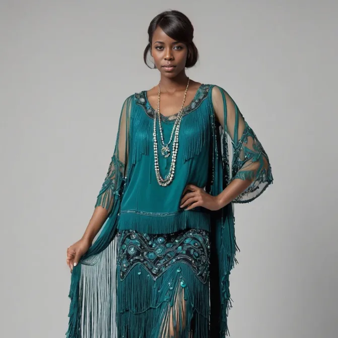 The same teal fringed dress on a model with different features after an AI characteristic change