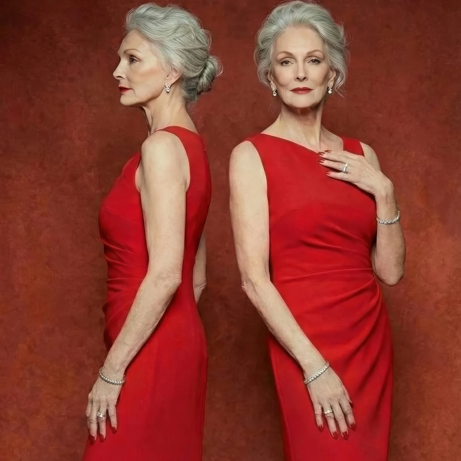 Older model in a red sheath dress shown in profile and front views on a red backdrop
