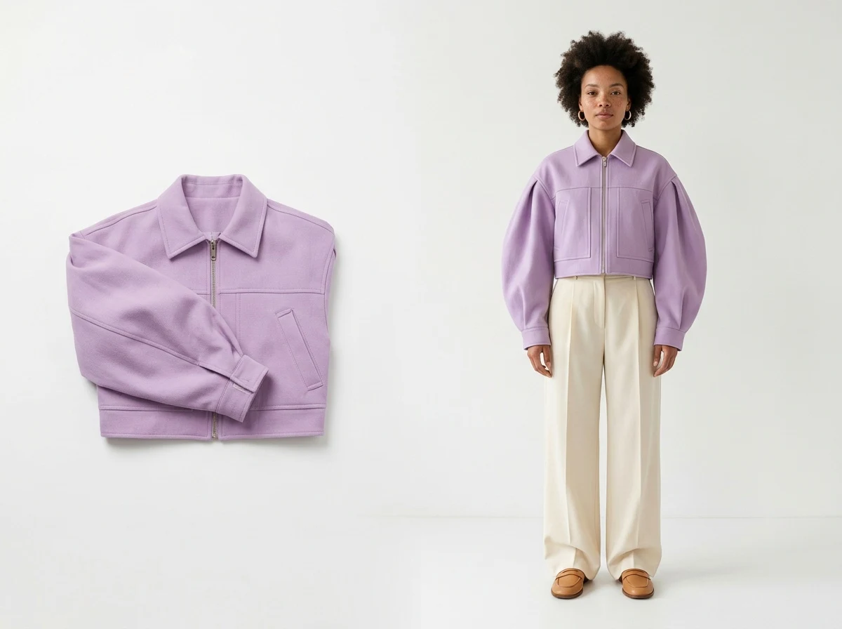 An AI model in a lilac cropped jacket on a seamless white studio background, and the same jacket laid flat beside her: the two images a product page needs