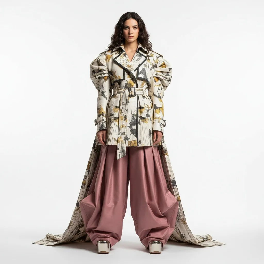Model in an oversized abstract print belted coat with long train over pink balloon trousers