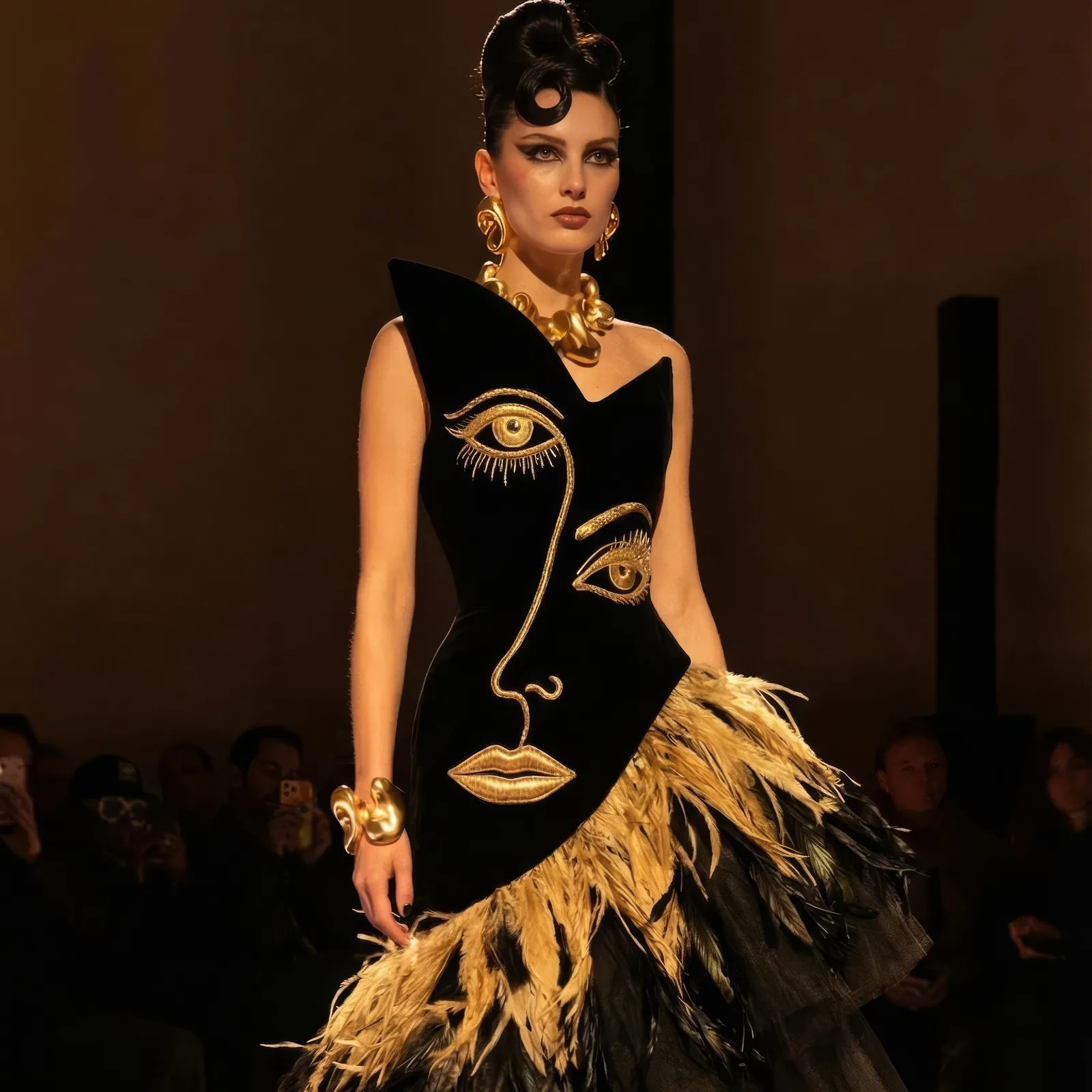 Runway model in a black velvet gown embroidered with a gold surrealist face and feathered skirt