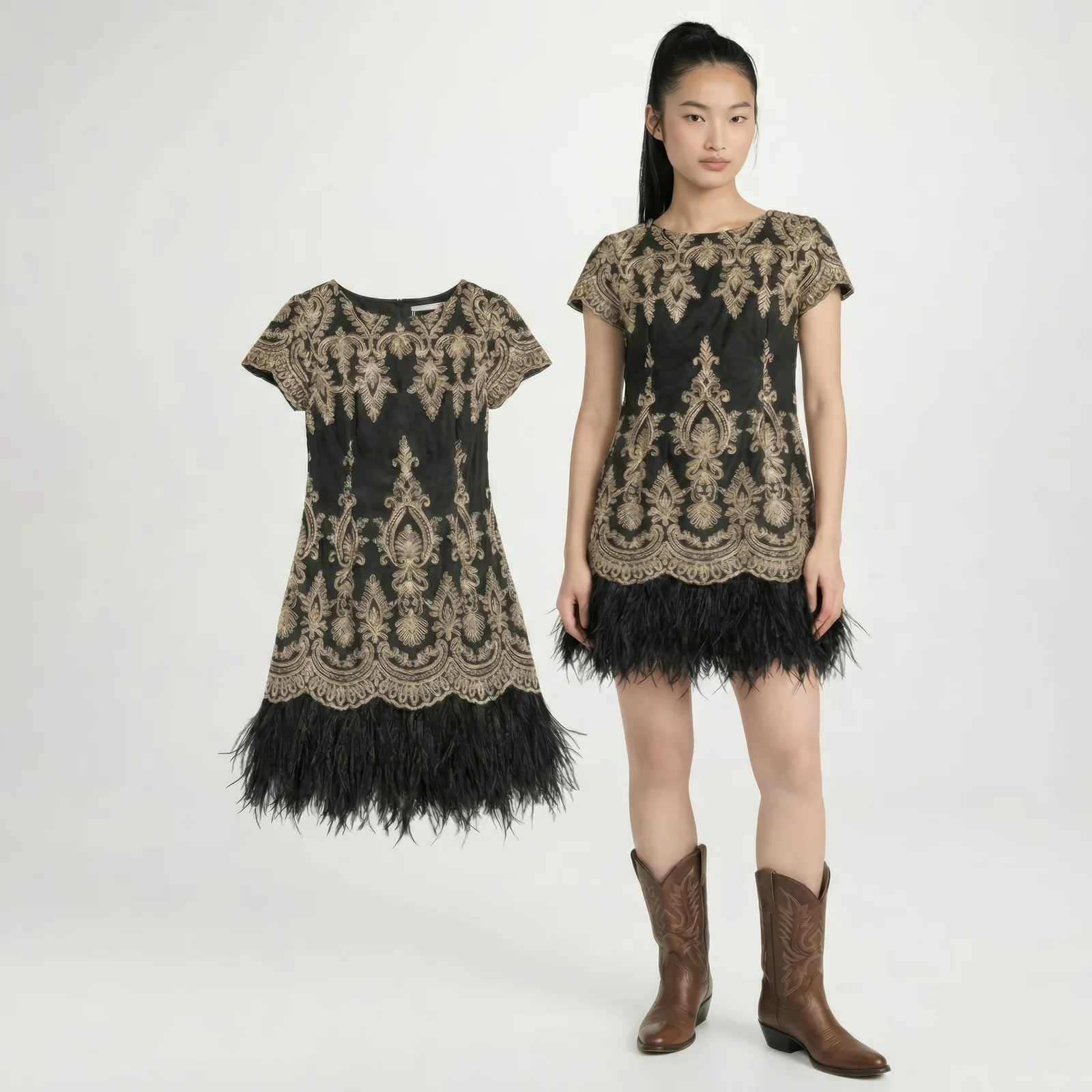 Black and gold embroidered mini dress with feather hem shown flat and worn with cowboy boots