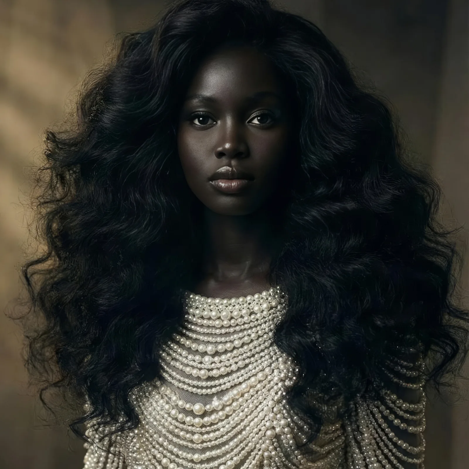Portrait of a model with voluminous dark curls wearing a top of layered pearl strands