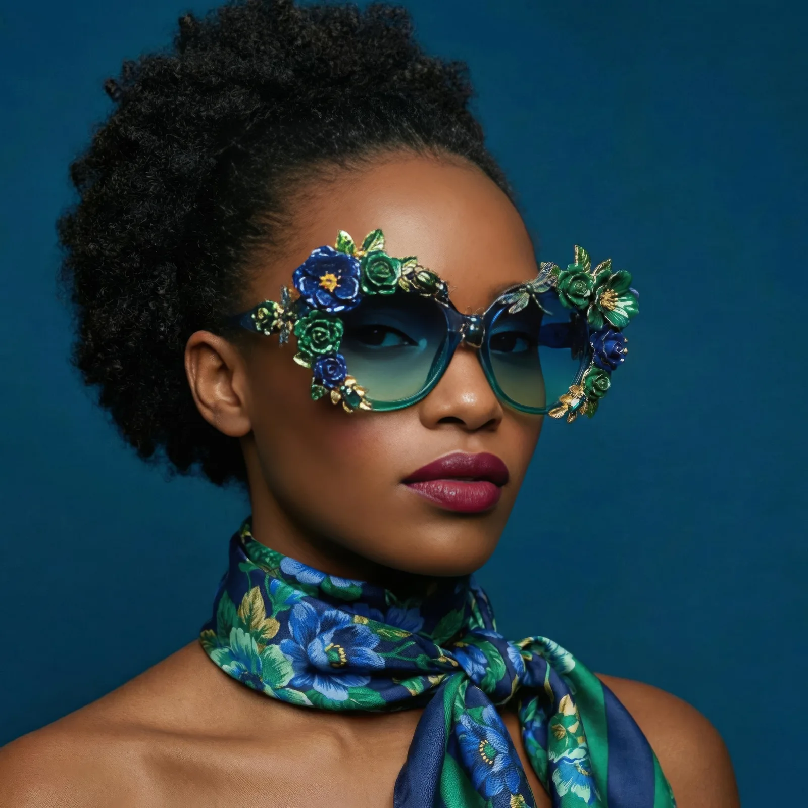 Model wearing oversized sunglasses covered in blue and green flowers with a matching silk scarf