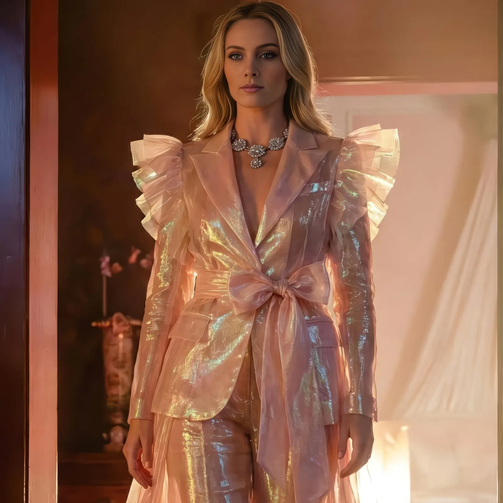 Woman in an iridescent pink organza suit with ruffled shoulders and bow sash posing indoors