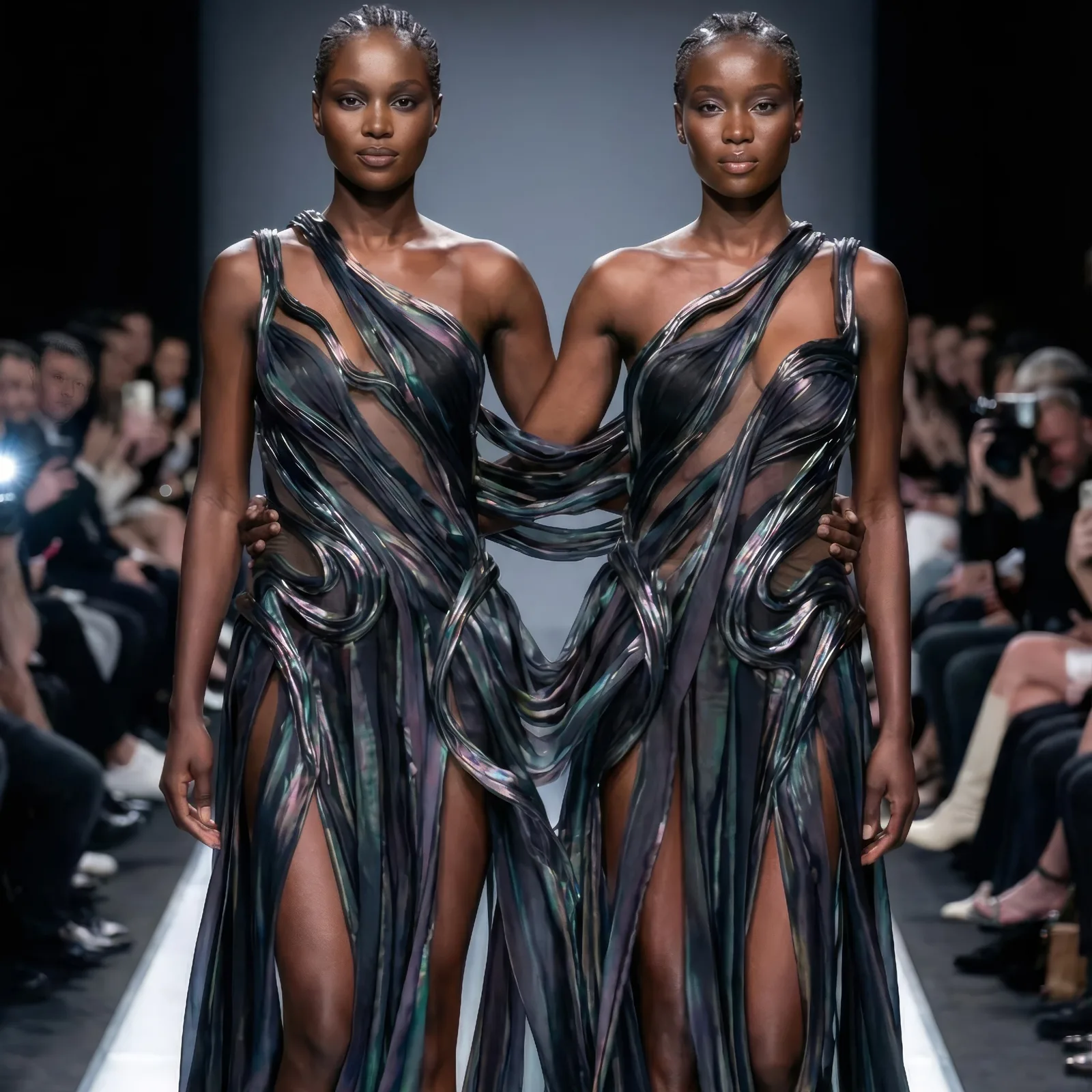 Two models on a runway in matching one shoulder gowns of draped iridescent ribbons