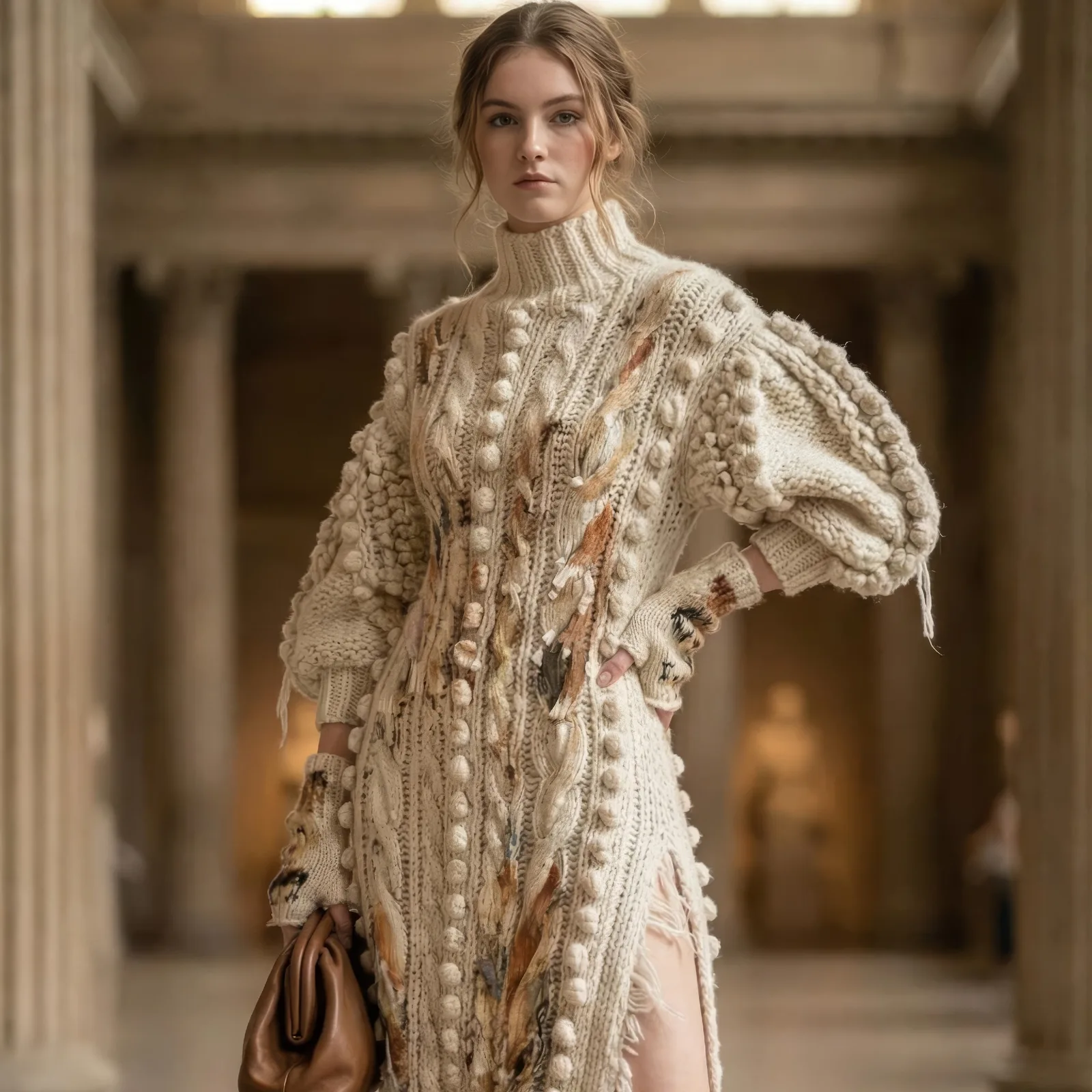 Model in a chunky cream cable knit turtleneck dress holding a brown leather bag