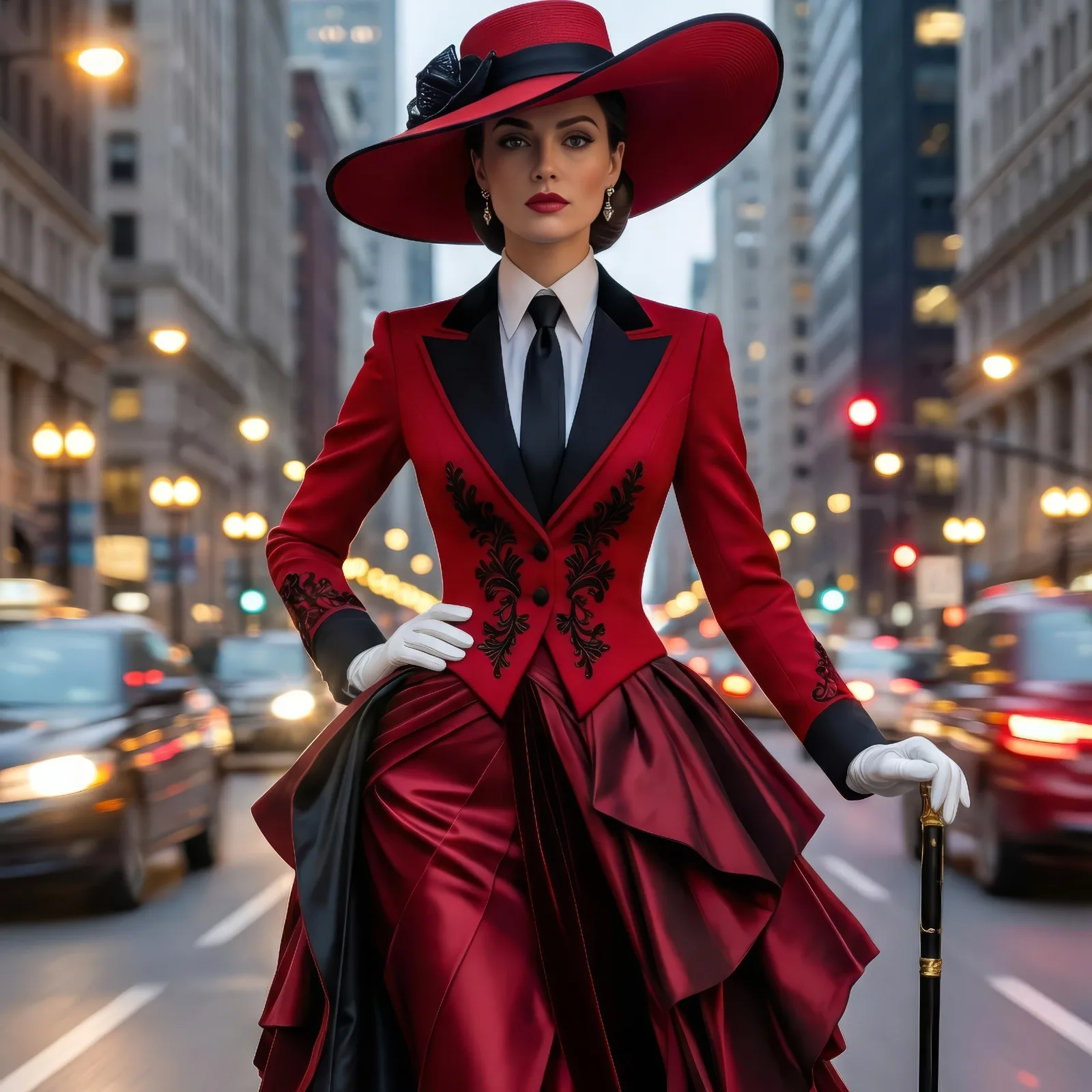 Woman in a red vintage style jacket, layered satin skirt and wide brimmed hat on a city street