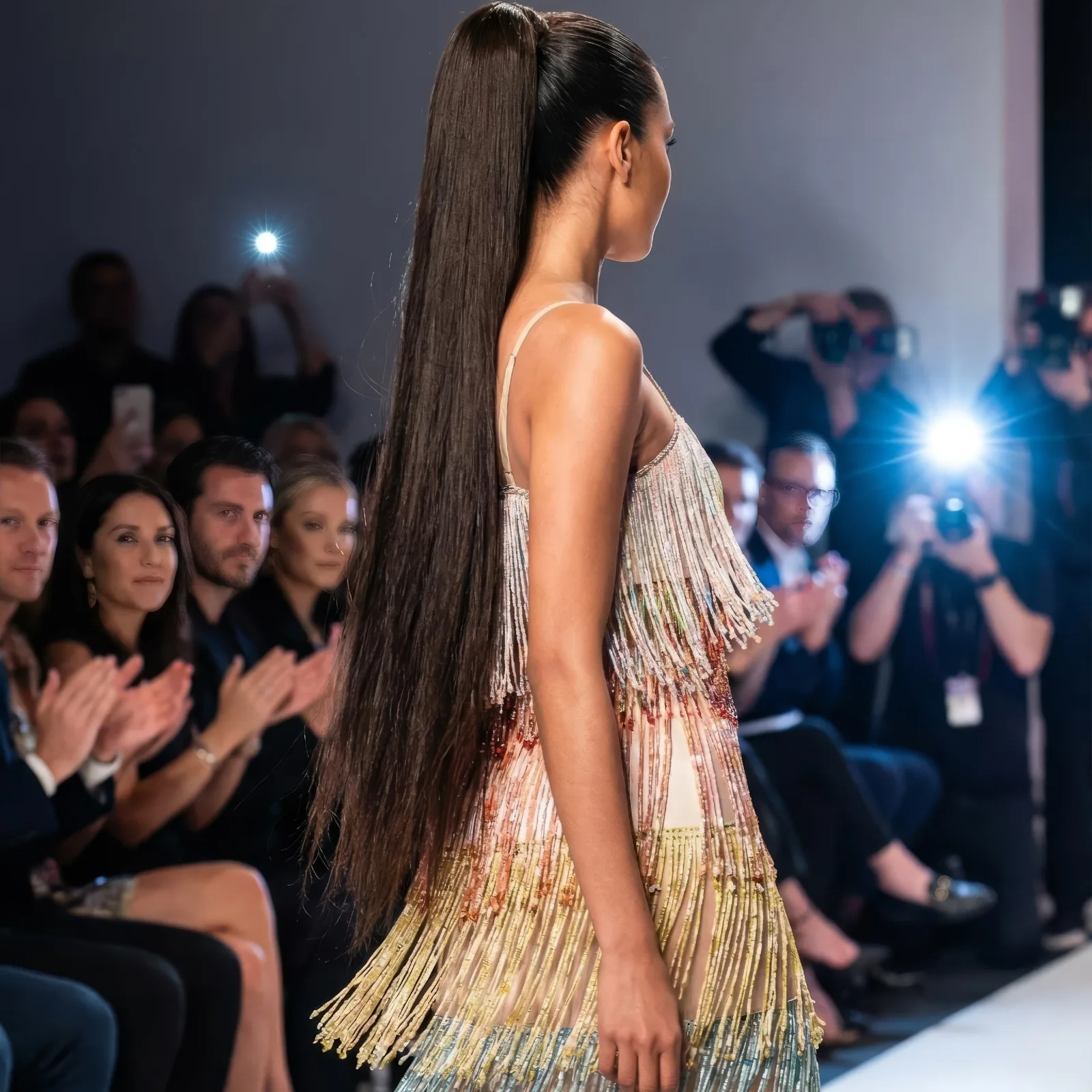 Back view of a model in a beaded fringe dress walking a runway past photographers