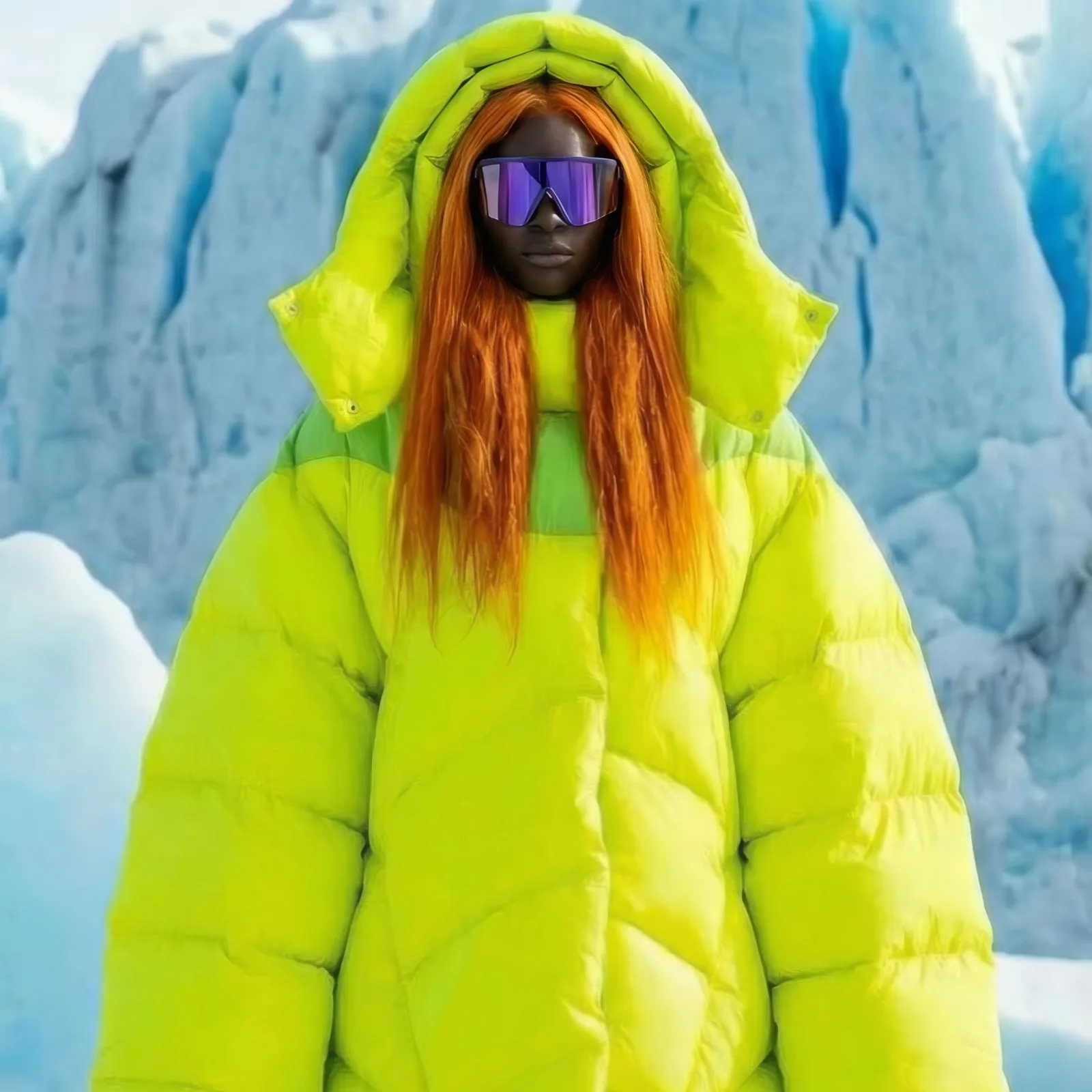 Model in a neon yellow hooded puffer coat and purple shield sunglasses in front of glacier ice