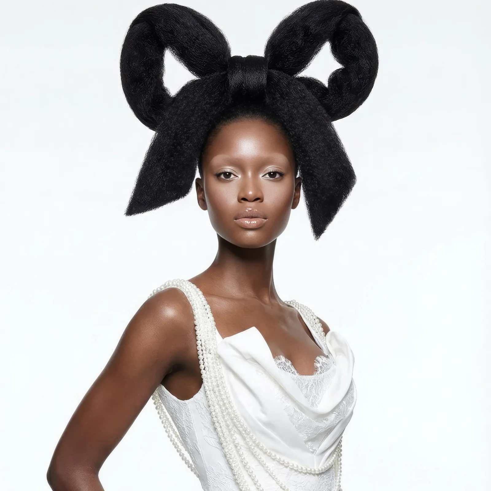 Model with a sculptural bow shaped hairstyle wearing a white draped dress with pearl straps