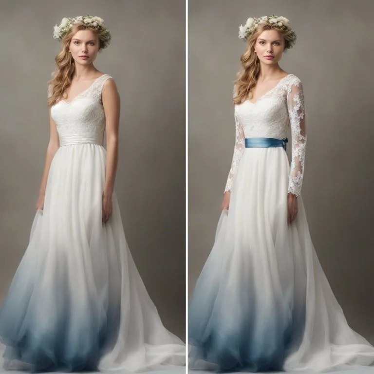 Two views of a white lace wedding gown with a blue ombre skirt on a model