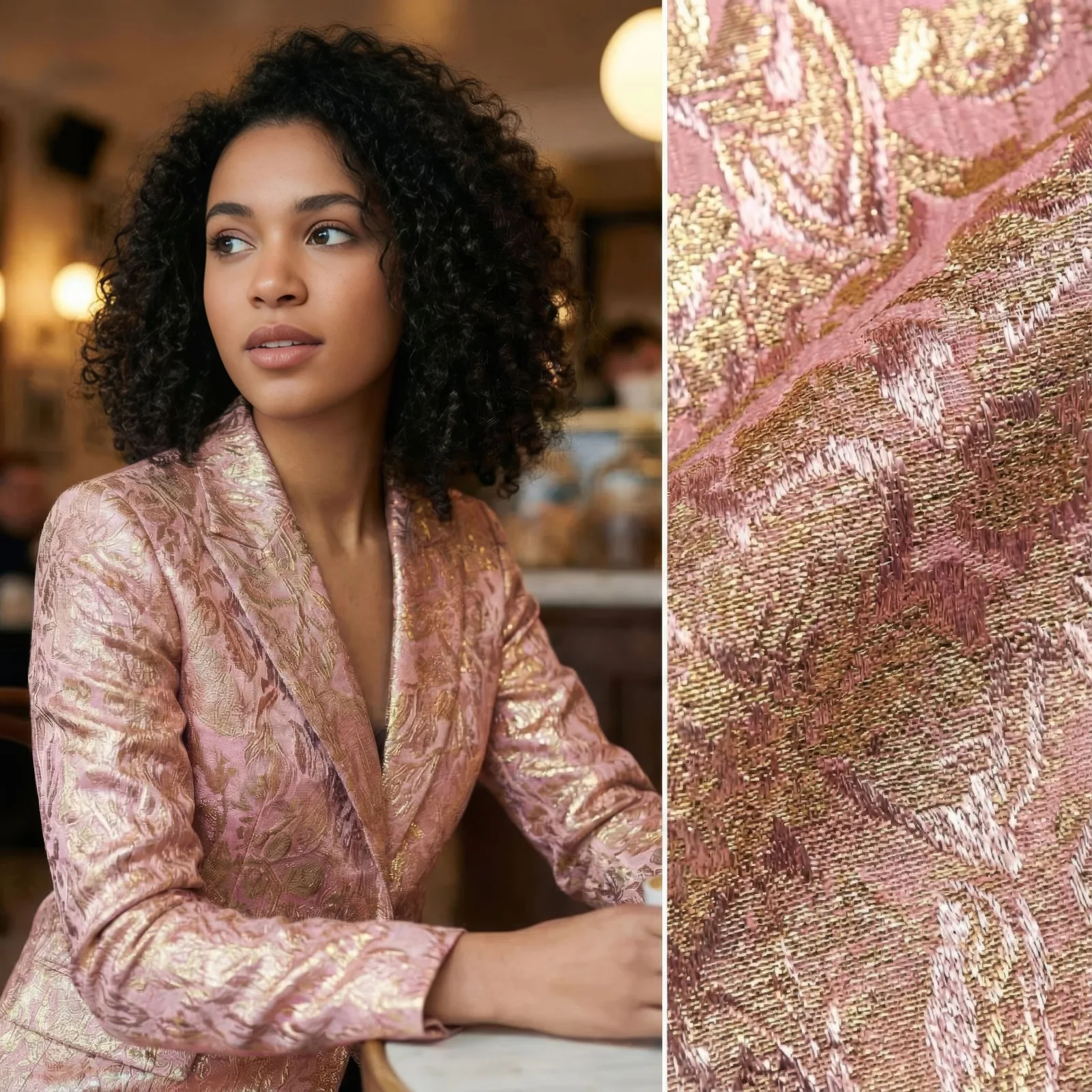 Woman in a pink and gold brocade blazer in a cafe beside a fabric close up