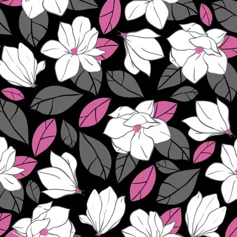A seamless floral pattern in white, pink and gray on a black background