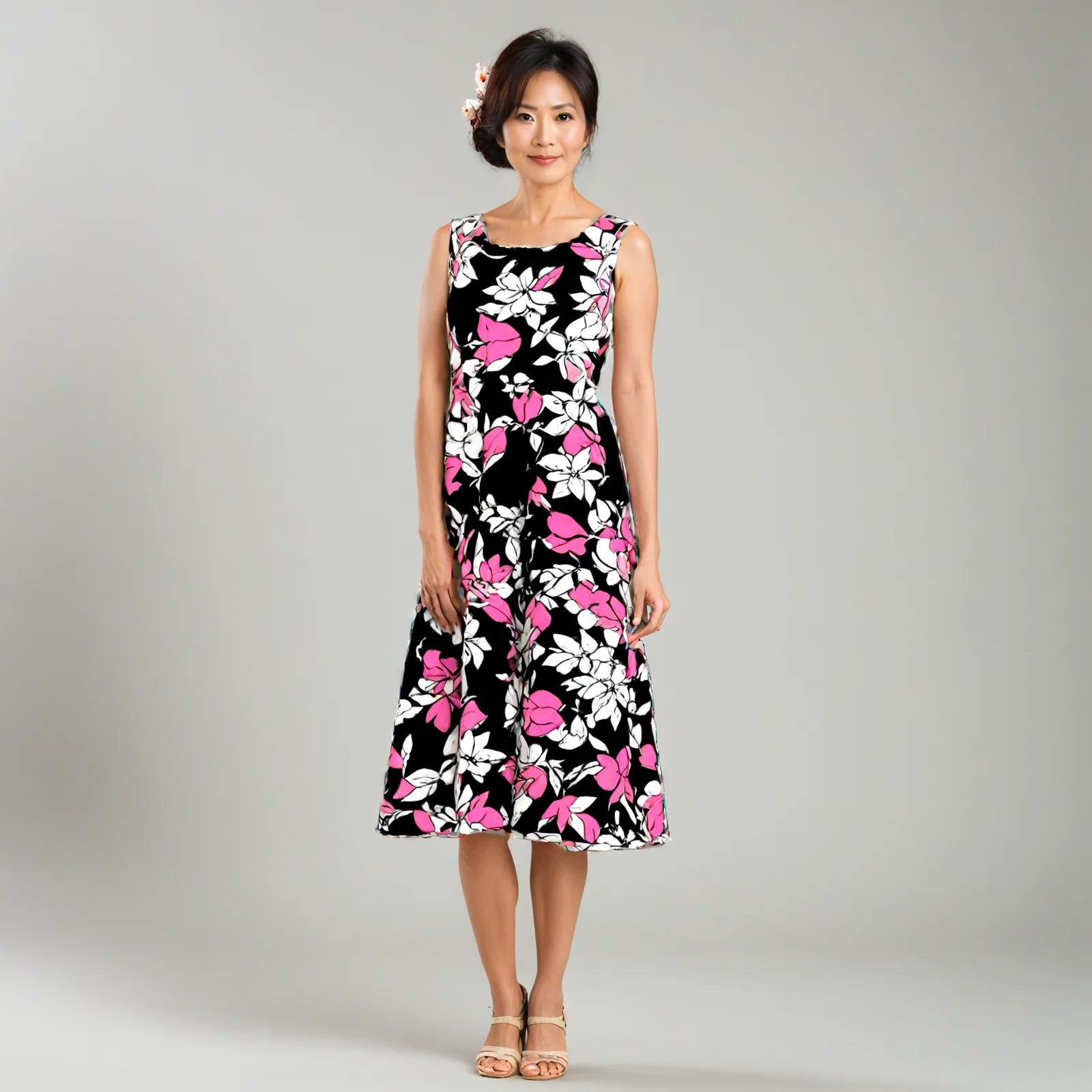 A sleeveless midi dress generated from the floral pattern, worn by a model on a gray background