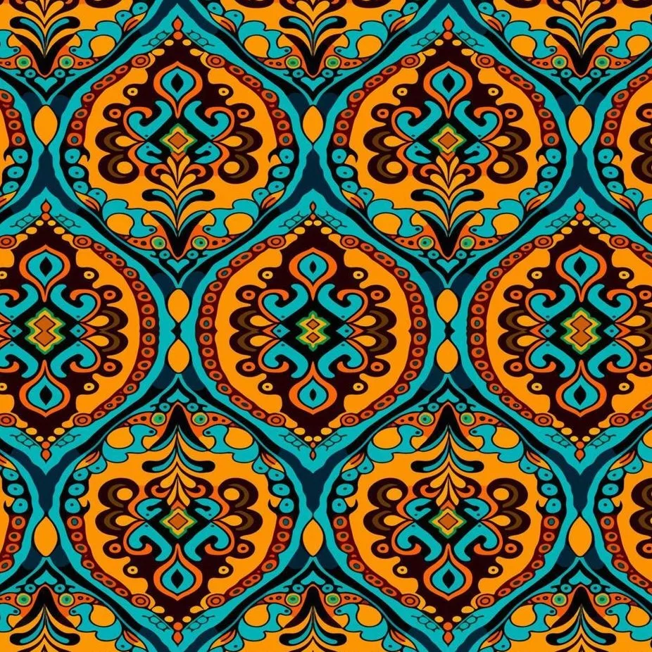 A seamless ornamental pattern in orange, turquoise and dark brown