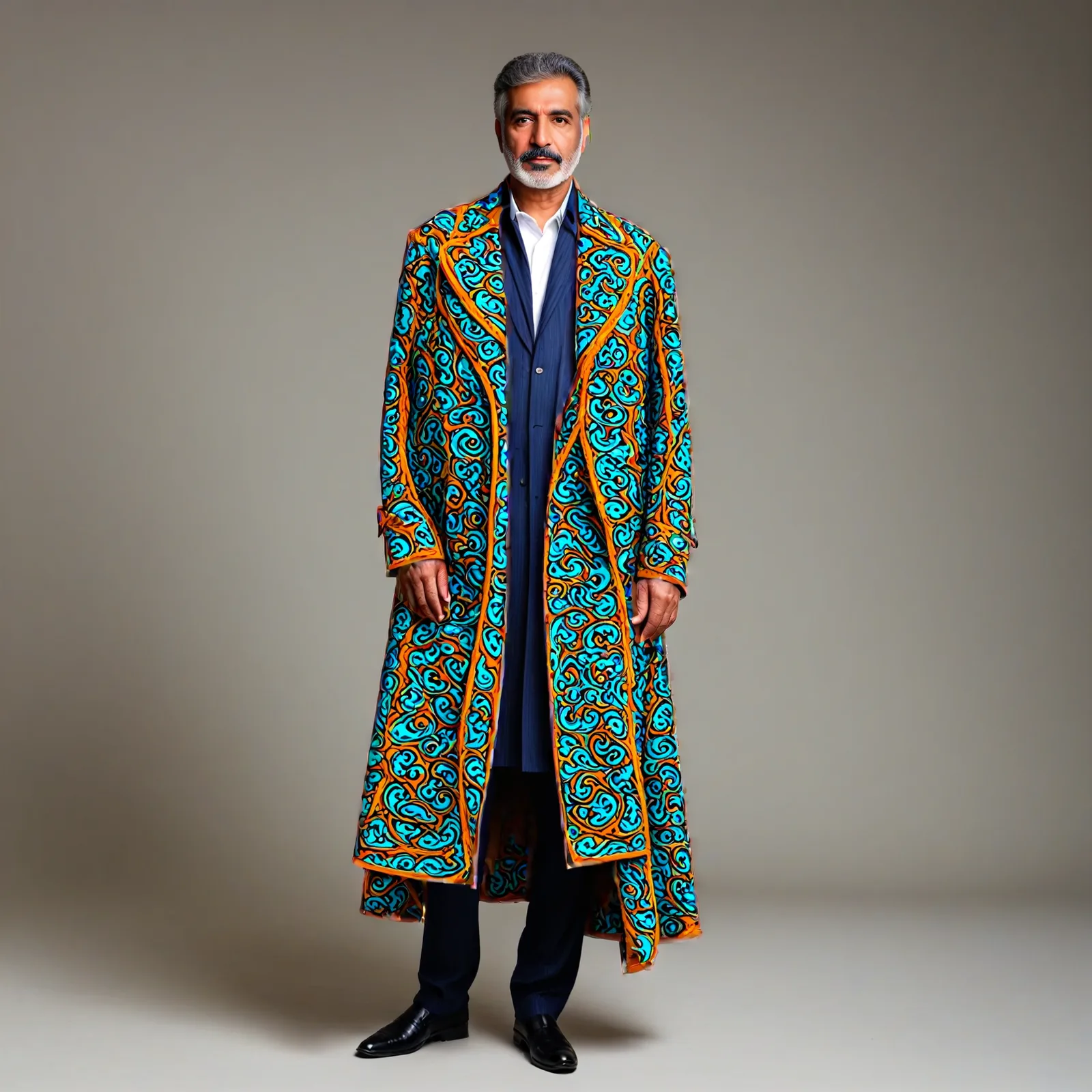 A long patterned coat generated from the ornamental print, worn over a navy suit