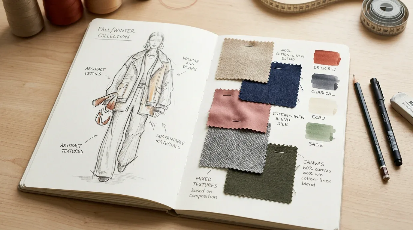 Fashion croquis sketch in a designer's open sketchbook with fabric swatches