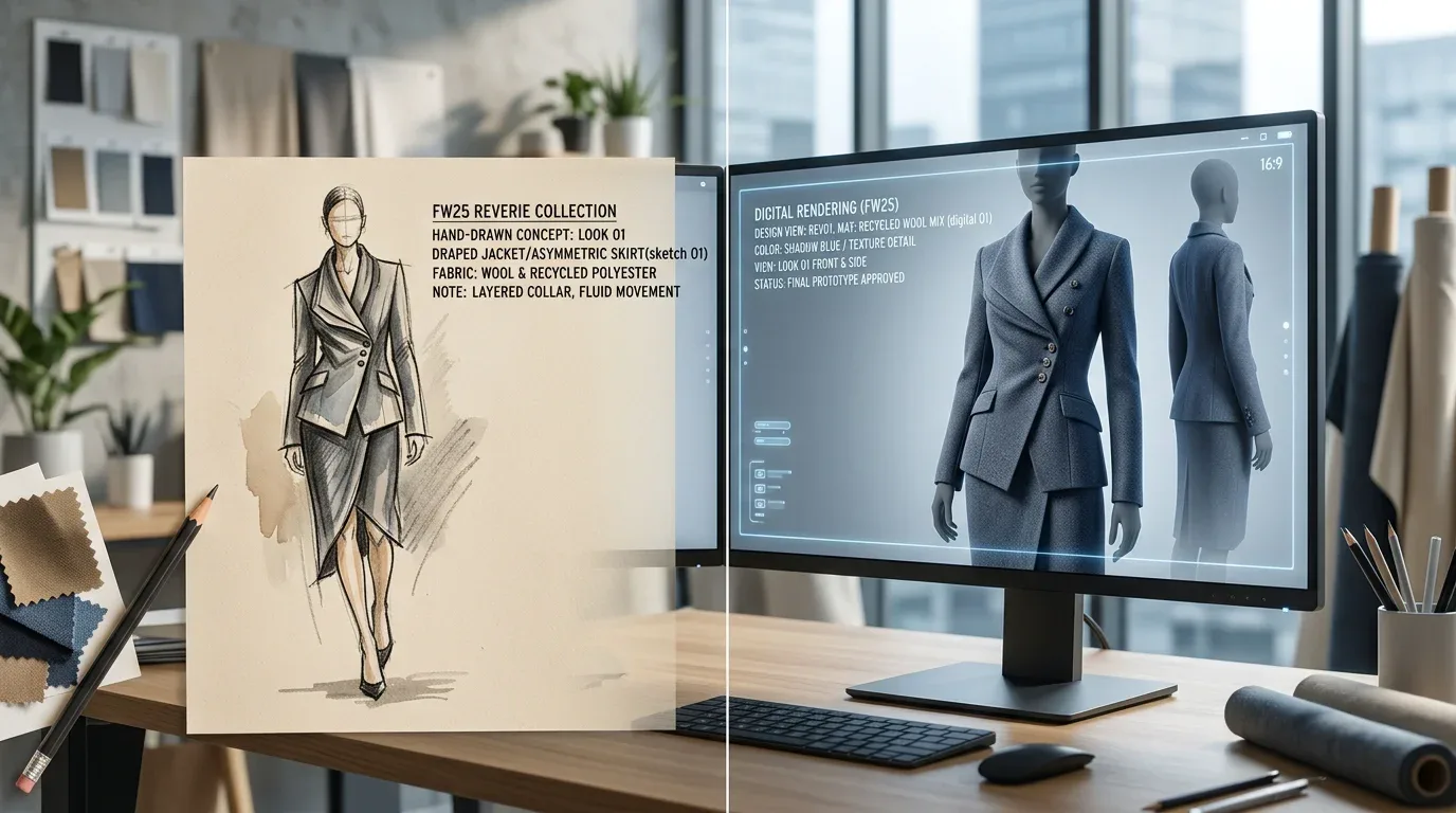 Hand drawn fashion sketch transitioning into a digital garment rendering
