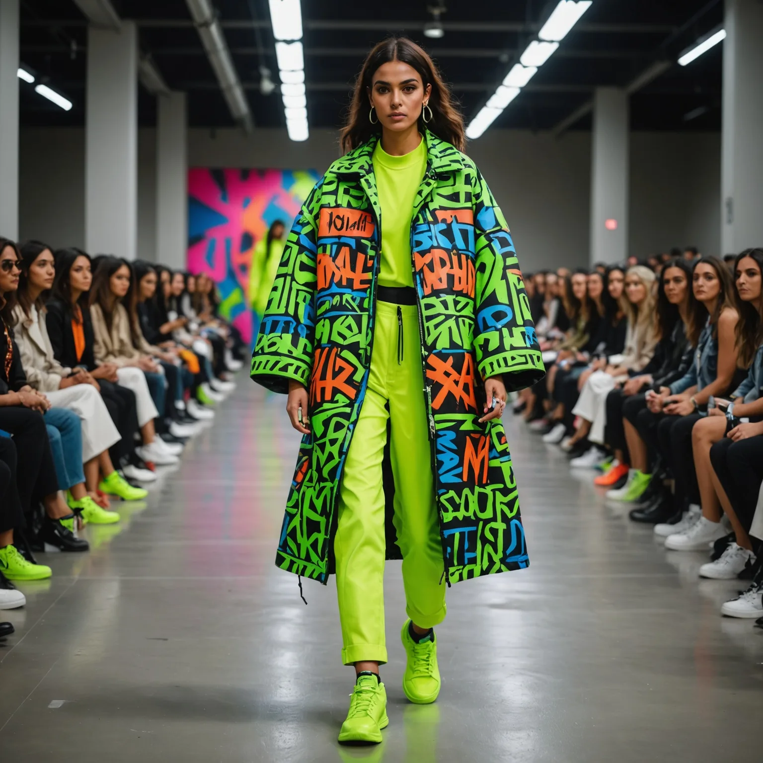 Model walking a runway in a neon green graffiti print coat and matching trousers