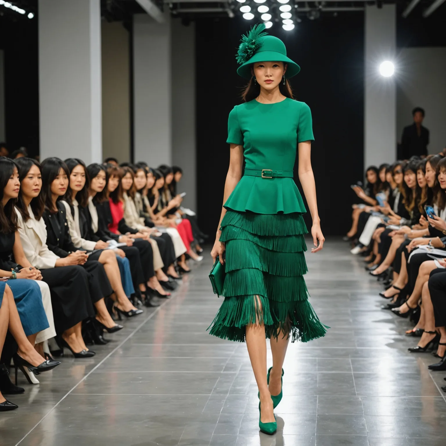 Model presenting an emerald green tiered fringe dress and matching hat on a runway