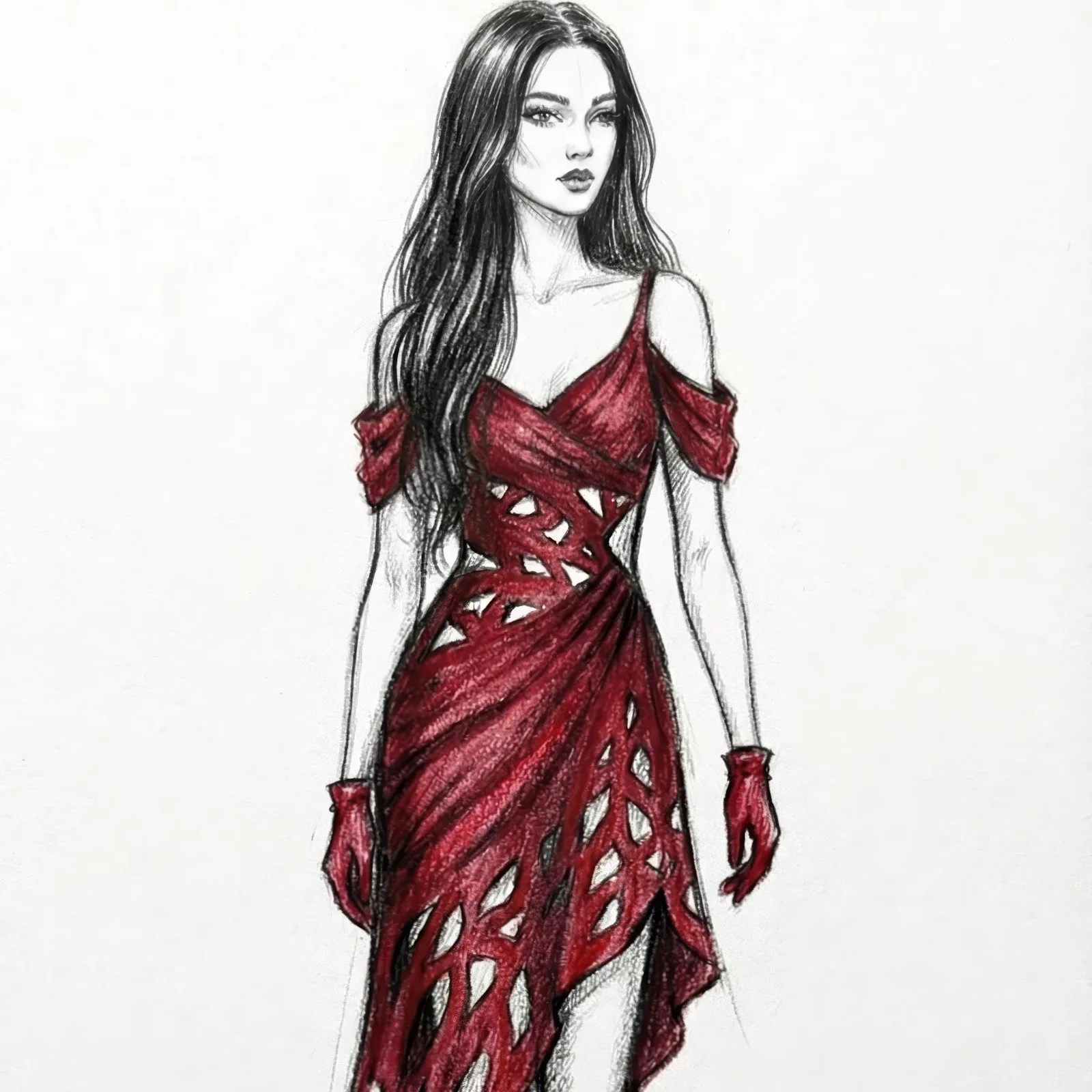 Hand drawn fashion sketch of a model wearing a draped red cutout dress and red gloves