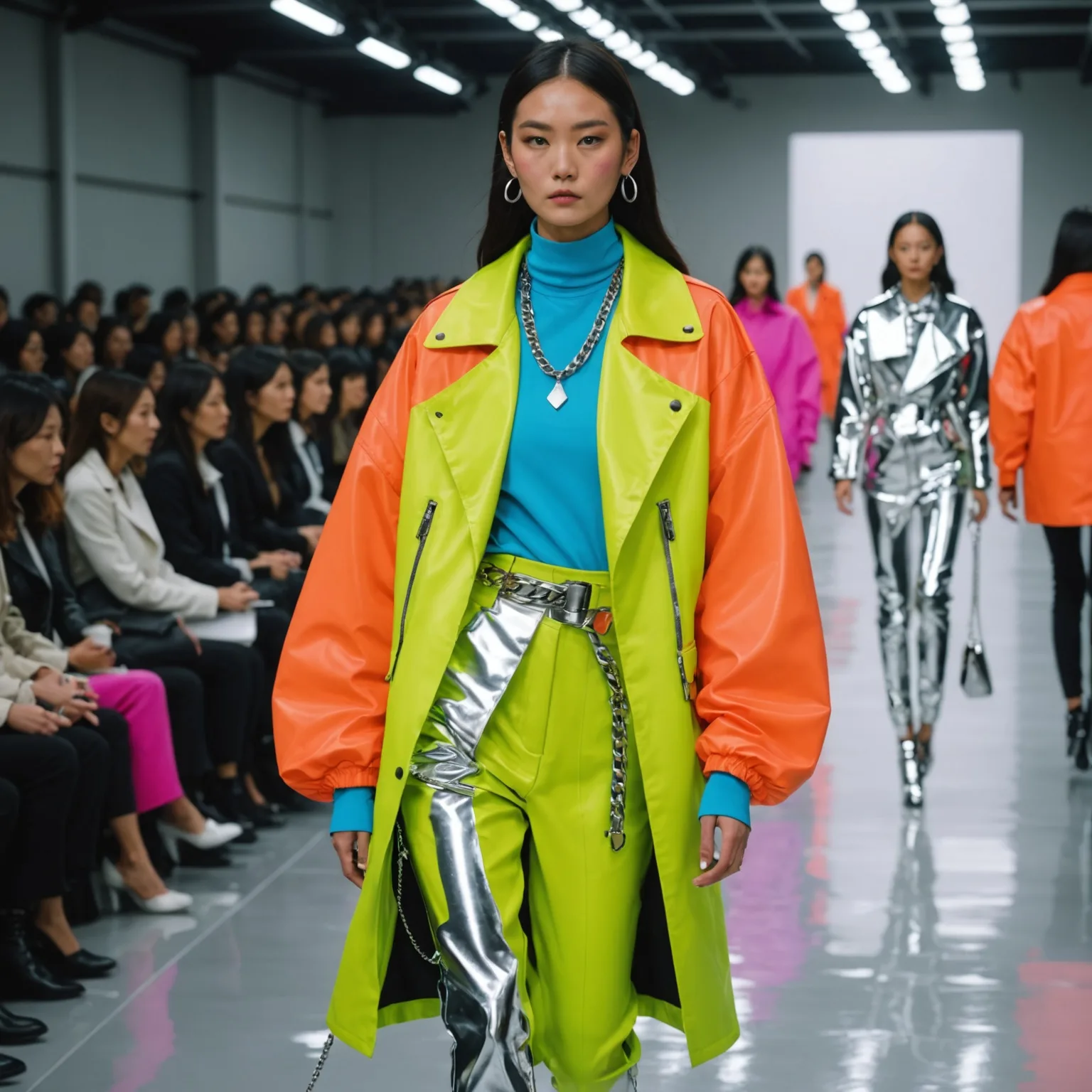 Model walking a runway in a neon green and orange coat with a seated audience alongside