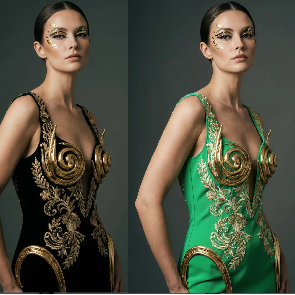 Side by side portraits of a model wearing the same gold embellished gown in black and green