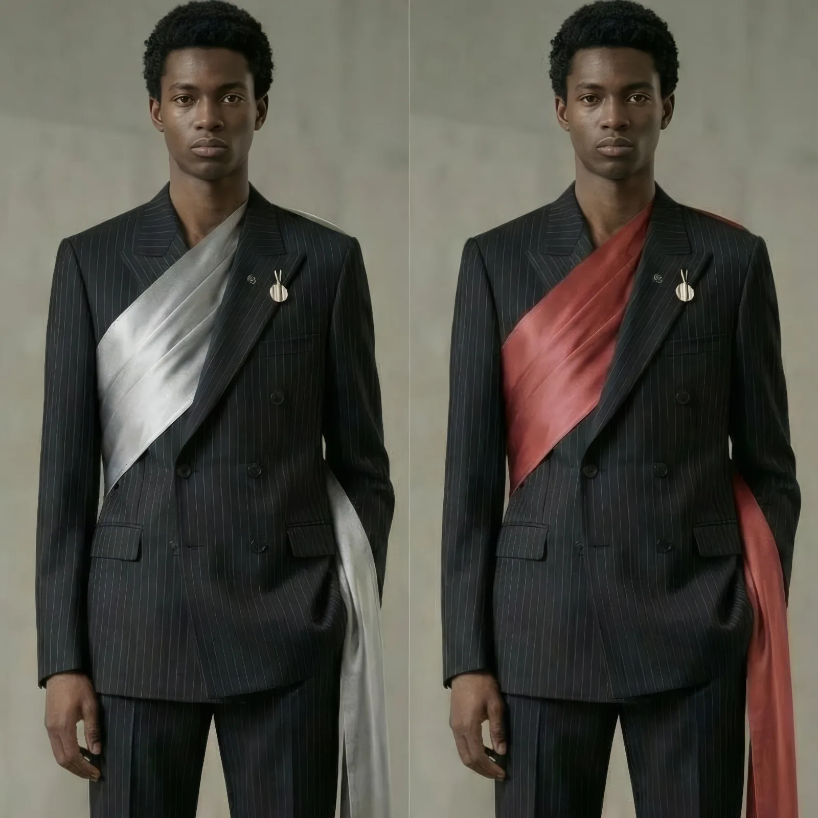 Man in a pinstripe suit shown twice with a silver sash and a red sash