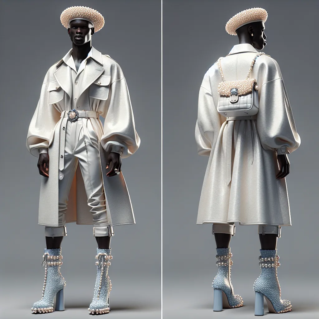 Front and back views of an AI generated off white oversized coat and trousers with a pearl beret and pearl covered boots