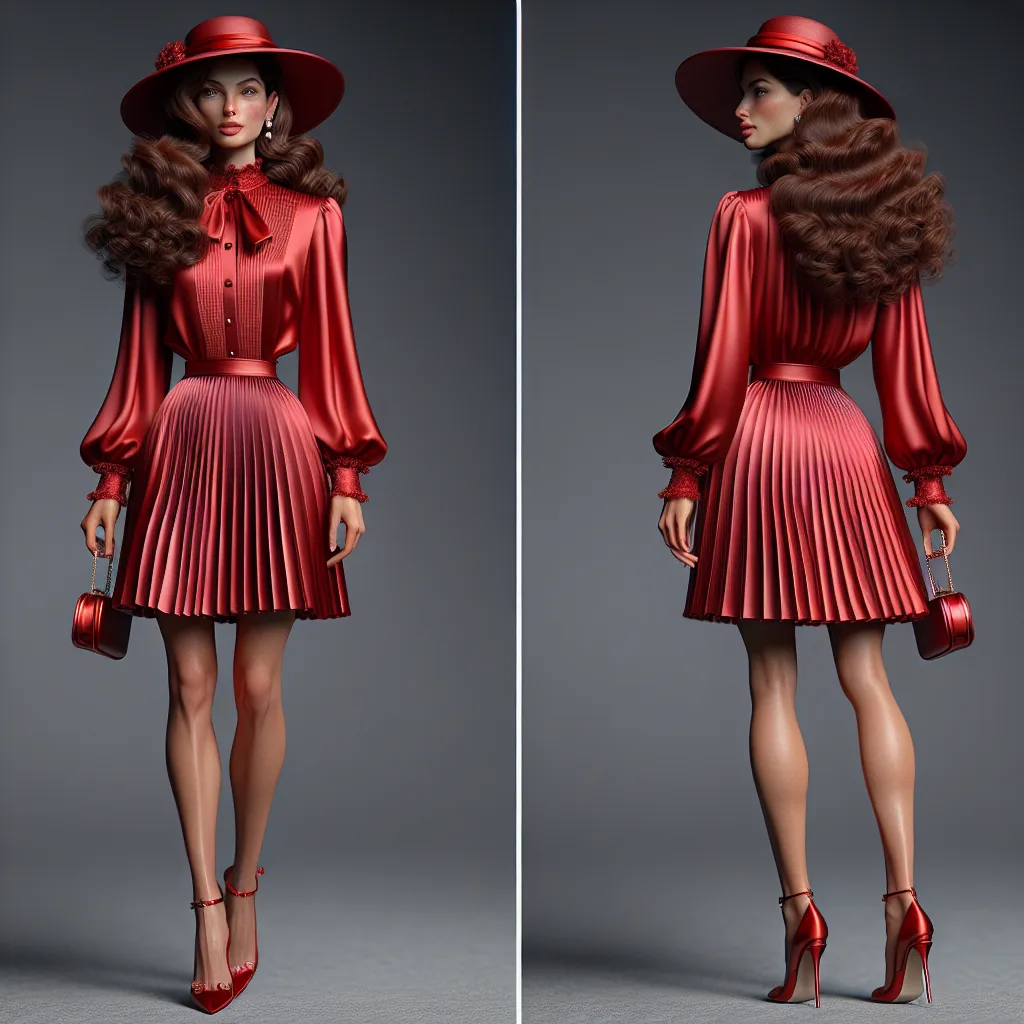 Front and back views of an AI generated red satin shirt dress with a pleated skirt, wide brim hat and round handbag