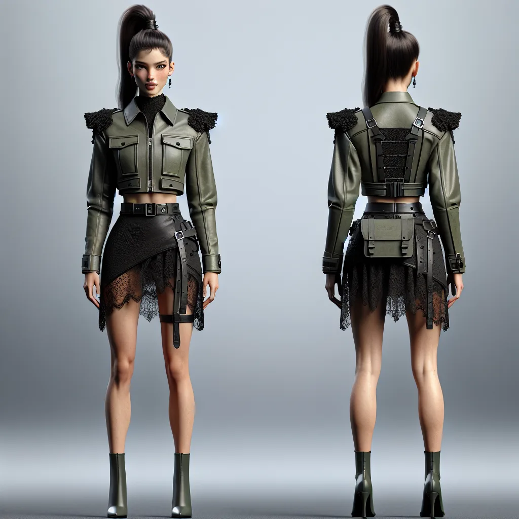 Front and back views of an AI generated cropped khaki leather jacket with shoulder detail worn over a black lace trimmed skirt