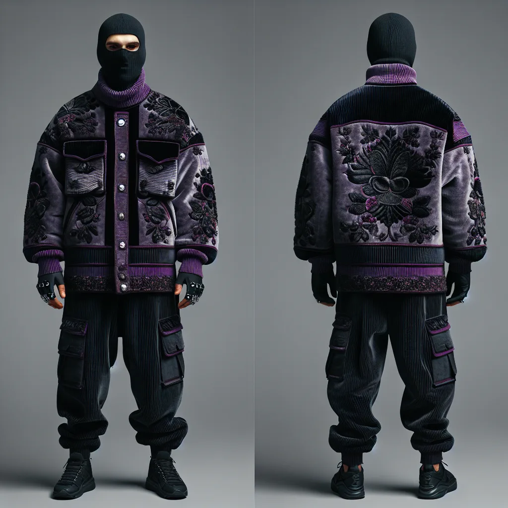 Front and back views of an AI generated purple and gray embroidered corduroy bomber jacket with matching cargo trousers